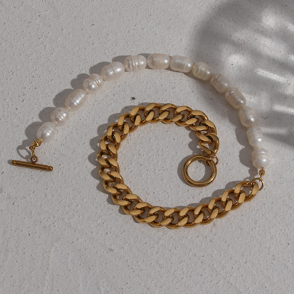 18k Gold Stainless Steel Chunky Natural Freshwater Pearl Cuban Chain Choker Necklaces