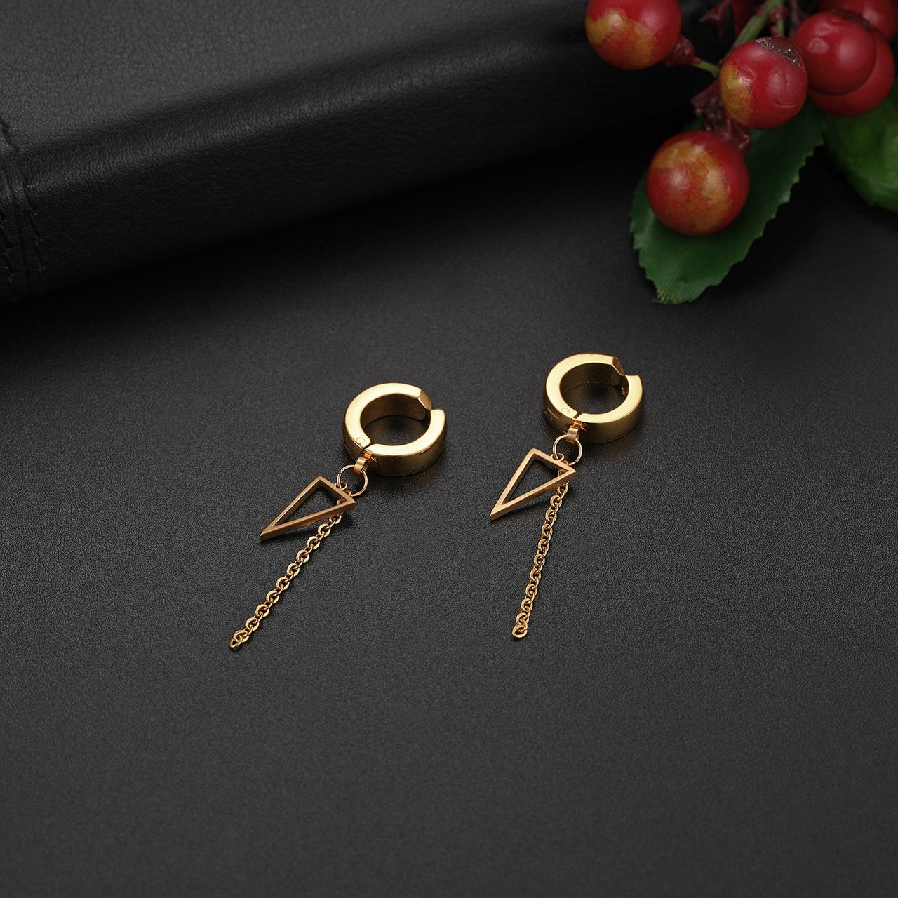 Triangle Chain Dangling Gold Silver Black over Solid Stainless Steel Earrings
