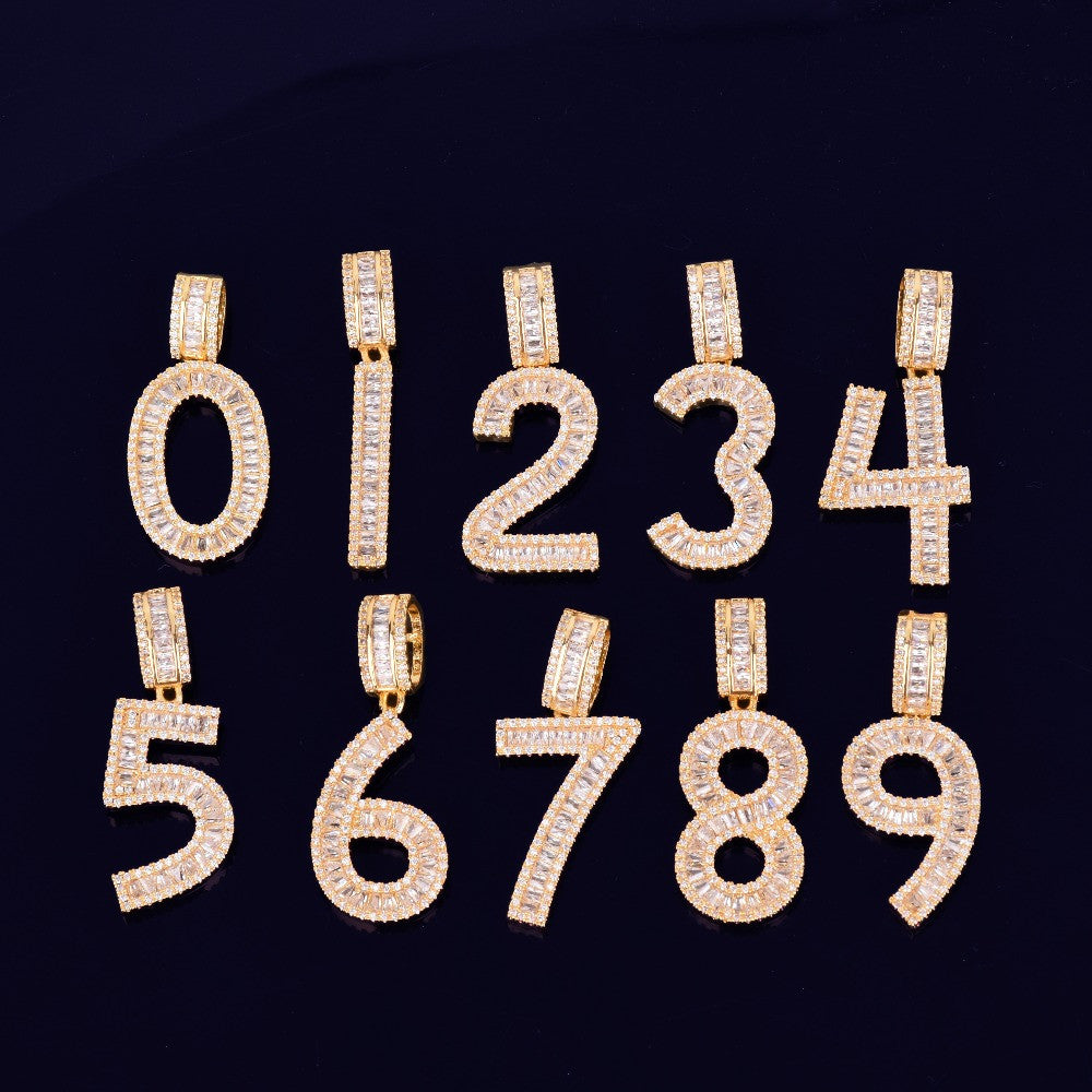 AAA True Micro Pave 18k Rose Gold Silver Flooded Ice Baguette Numbers Hip Hop Pendant Chains