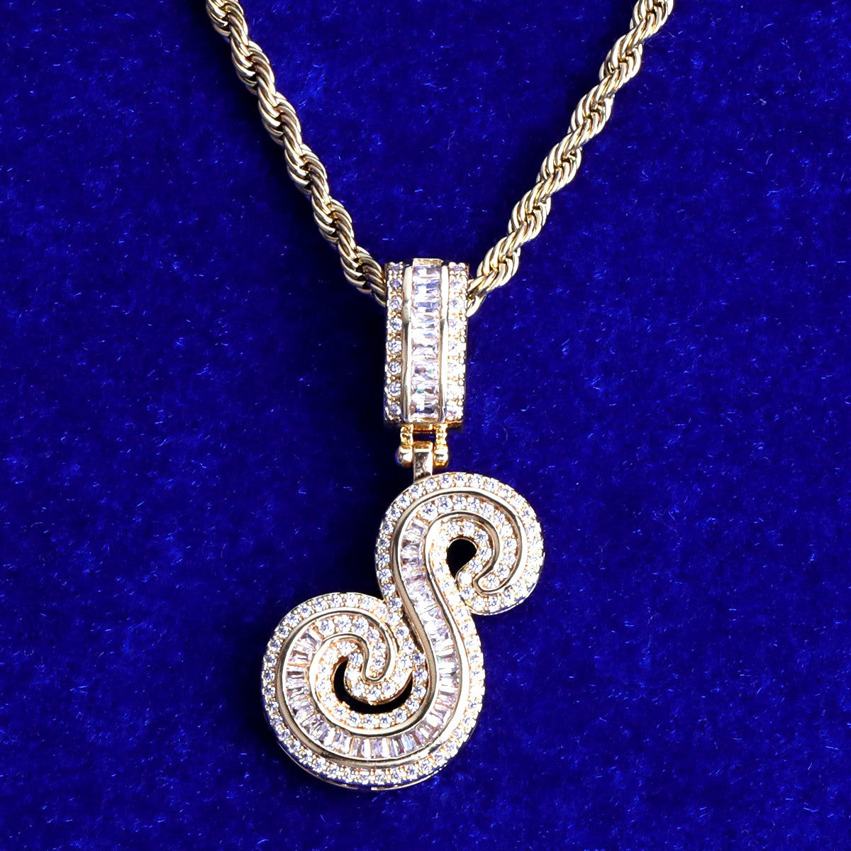 Street Melody | White Yellow Gold Iced Cursive Initial Letter Baguette Pendant Chain