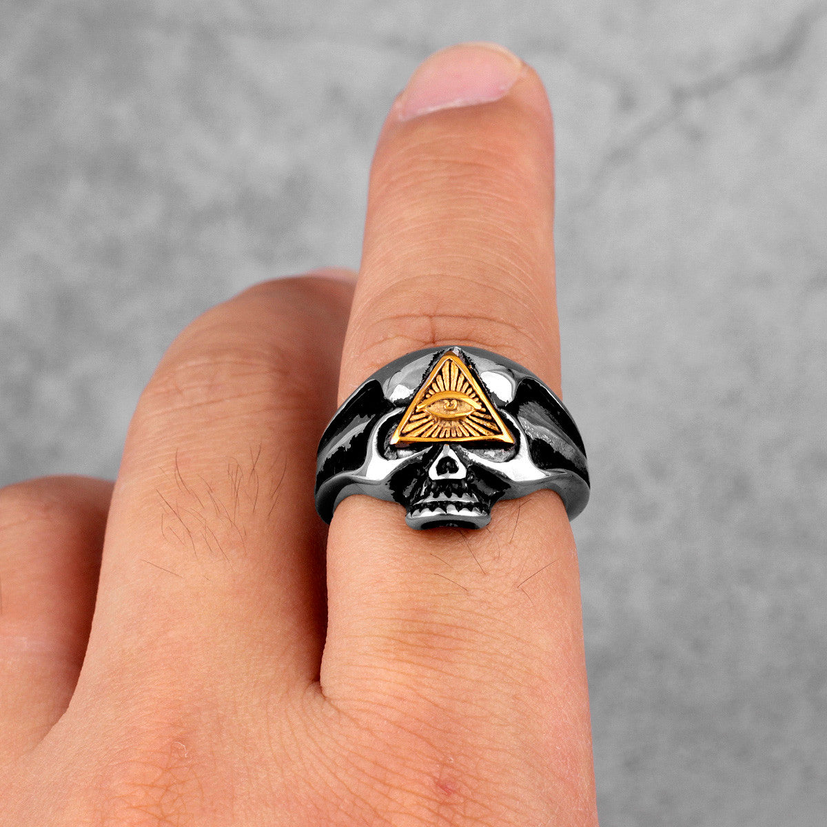 316L Stainless Steel 14k Gold Accents No Fade All Seeing Eye Masonic Skull Rings