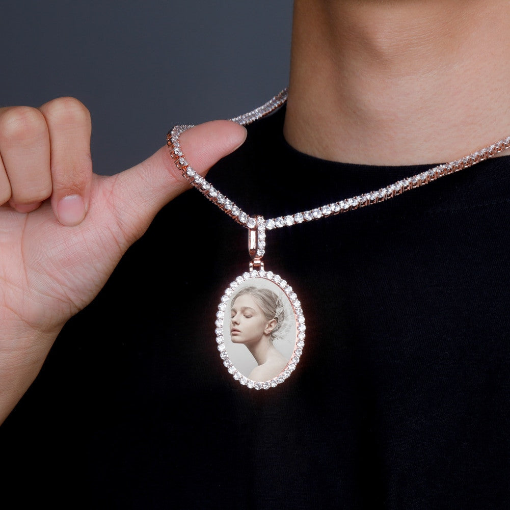 Flooded Iced Oval Custom Photo Picture Selfie Hip Hop Pendant Chain Necklace