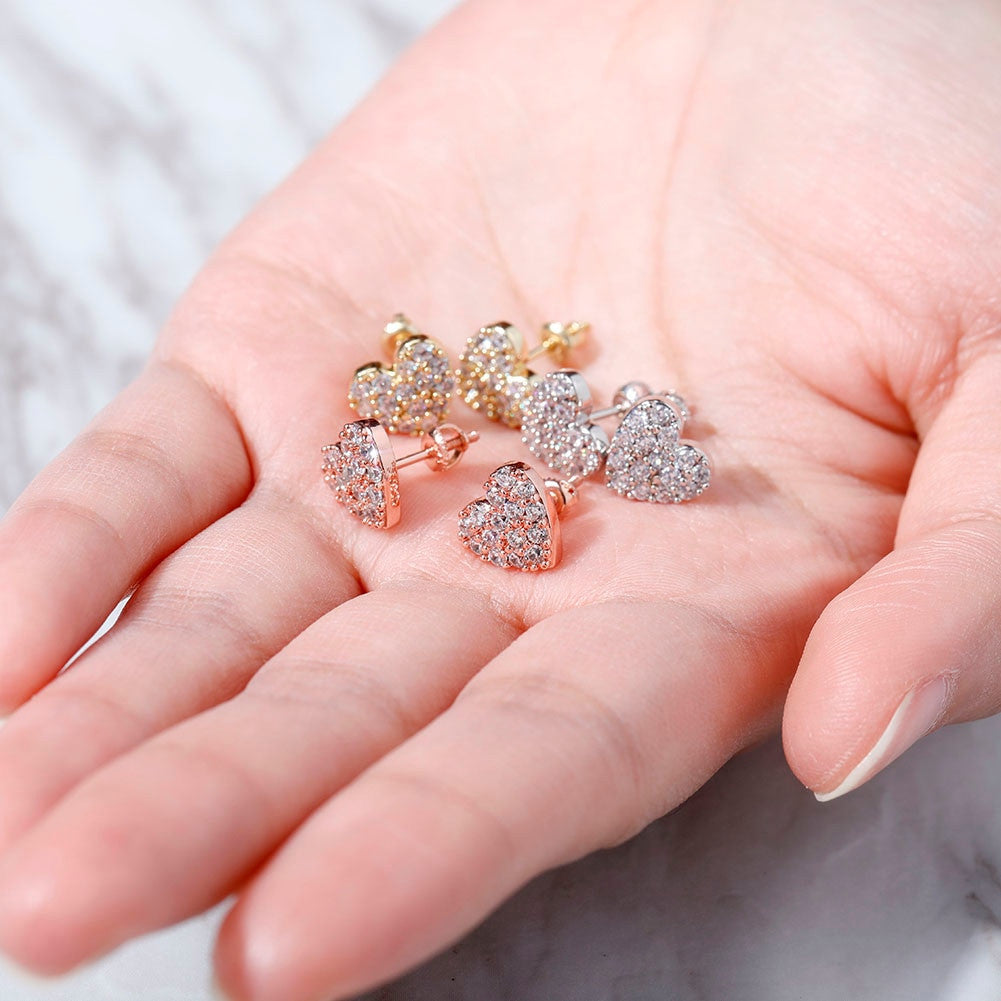 Sterling Silver AAA Flooded Ice Stone Heart Shaped Bling Stud Earrings 925