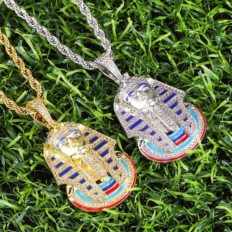 Ancient African Egyptian Pharaoh Flooded Ice Hip Hop Pendant Chain Necklace