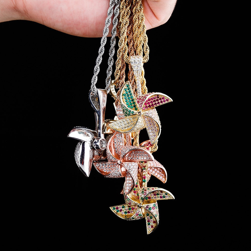 Flooded Ice 14k Gold Silver Rose Gold Rotatable Windmill Hip Hop Pendant Chain Necklace