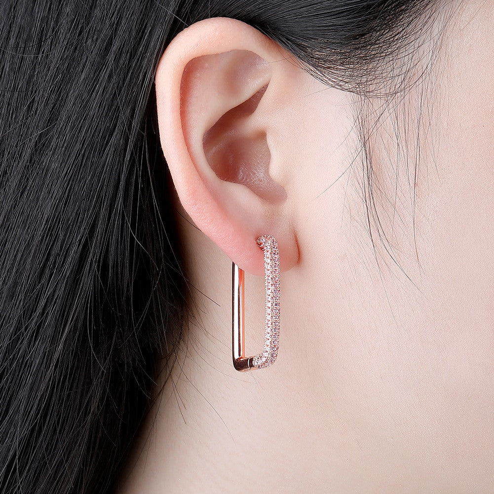 Ladies Square Hoop Cut Street Wear Fashion Flooded Ice Bling Bling Earrings