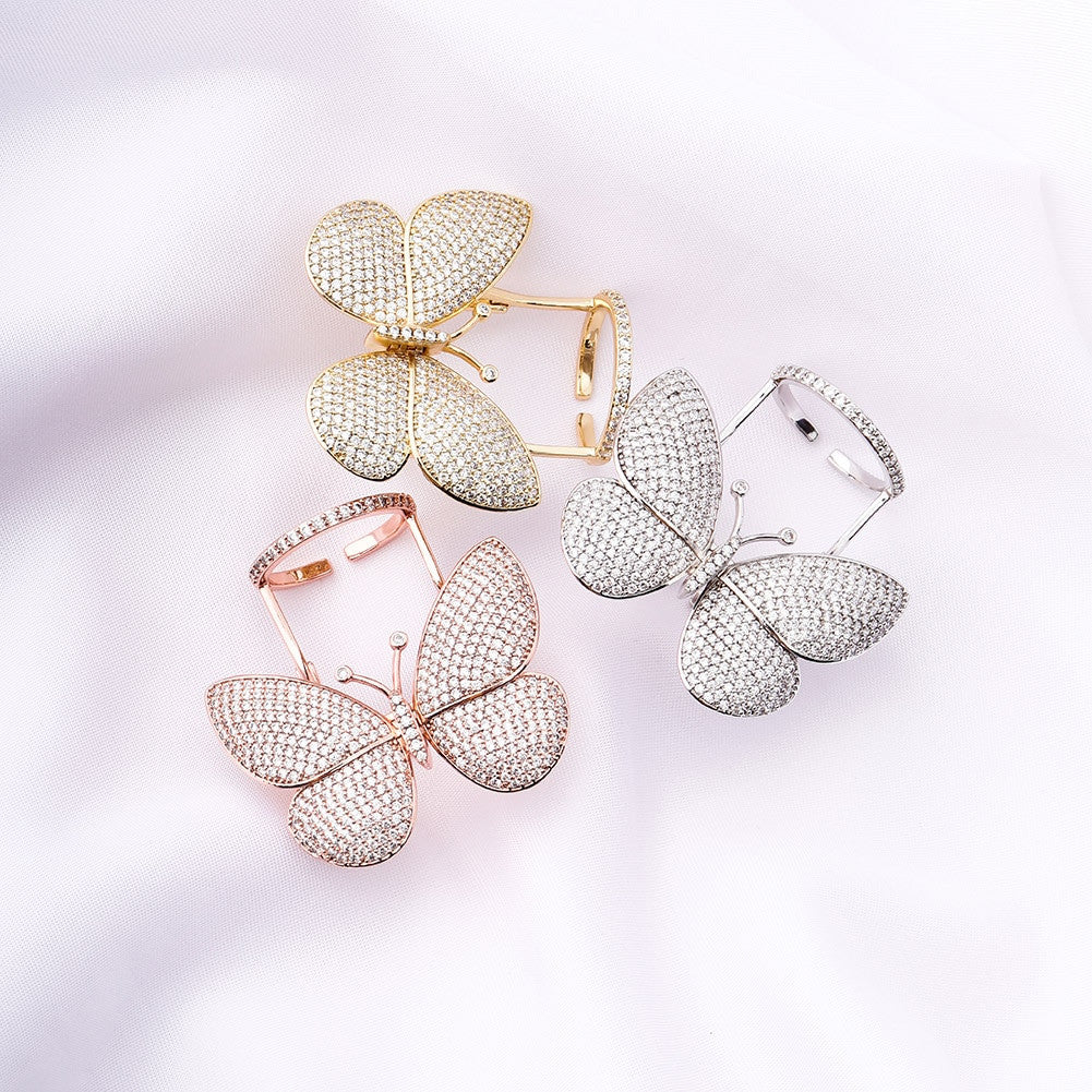 18k 925 Silver Rose Gold Ladies AAA True Micro Pave 3D Butterfly Hip Fashion Ring