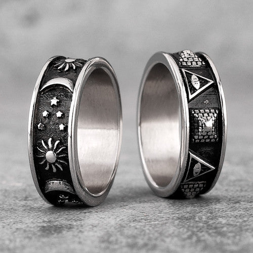Mens All Seeing Eye  Pyramids Moon Star Universe Stainless Steel Rings