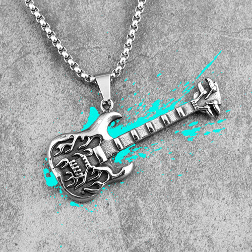Mens 316L Stainless Steel Street Rock Hip Hop Hell Guitar Pendant Chain Necklace