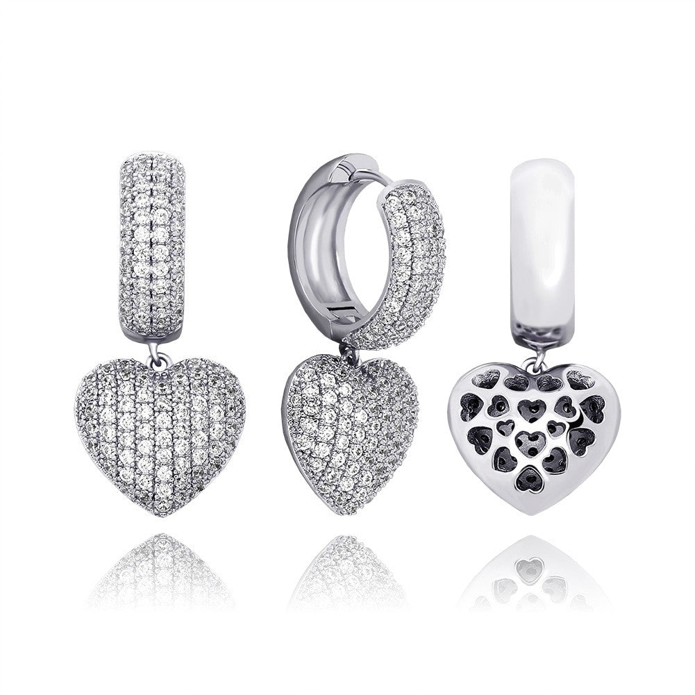 Ladies 5A Micro Pave Huggie Style Bling Bling Heart Earrings