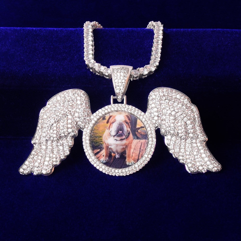Golden Guardian | Flooded Ice Angel Wings Memory Picture Photo Pendant