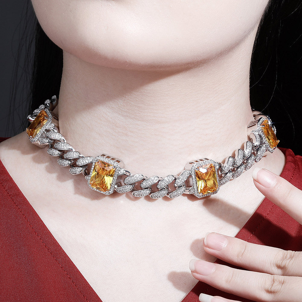 Ladies 13mm Micro Pave 6 Color Gemstone Hip Hop Miami Cuban Link Chain Necklace