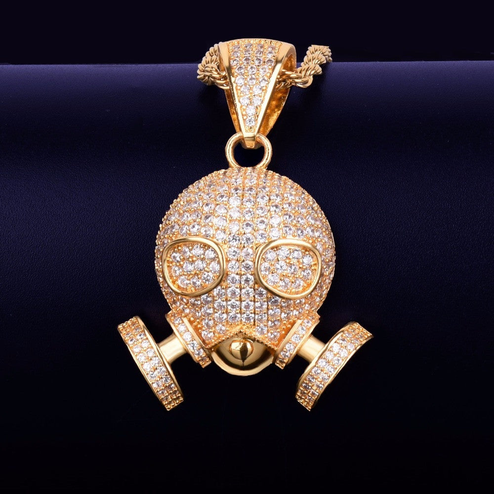 Flooded Ice True Micro Pave Hip Hop Skull Gas Mask 18k Gold .925 Silver Pendant Chain Necklace