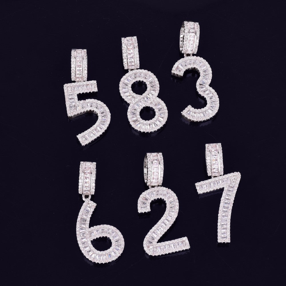 AAA True Micro Pave 18k Rose Gold Silver Flooded Ice Baguette Numbers Hip Hop Pendant Chains