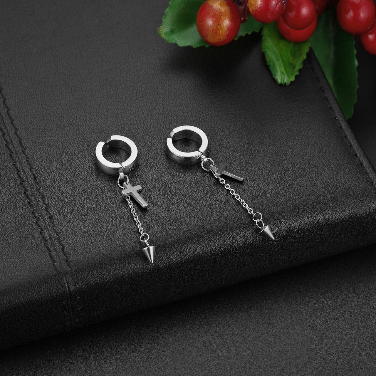 14k Gold Silver Black Huggie Style Dangle Stainless Steel Cross Earrings