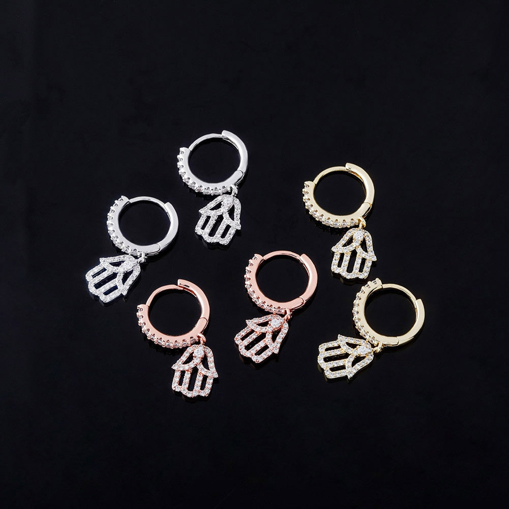 14k Rose Gold 925 Silver Hamsa Hand Street Wear Hip Hop Huggie Hoop Style Earrings