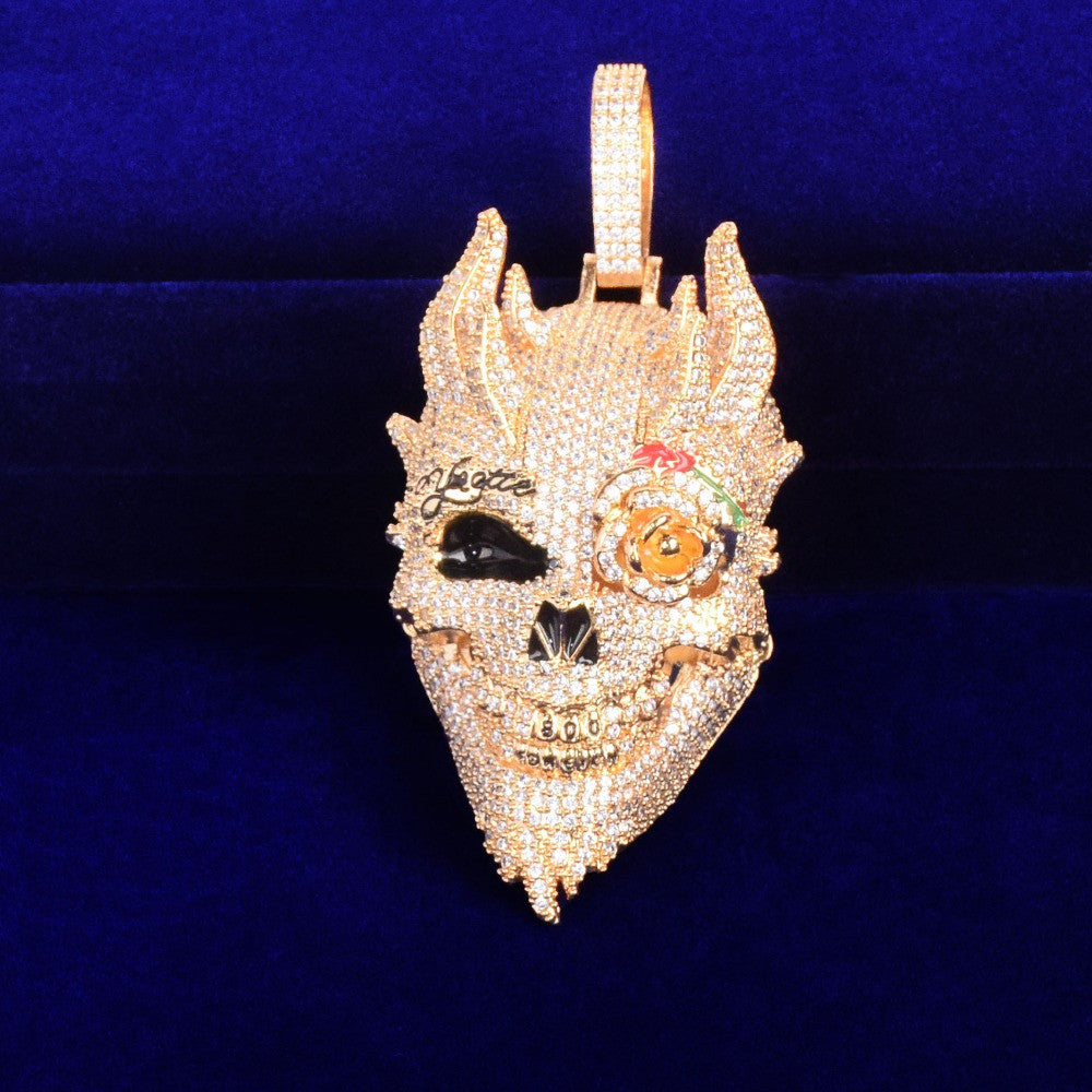 Rose Eye Demon | 18k Yellow 14k White Gold Multi Horned Iced Demon Skull Pendant