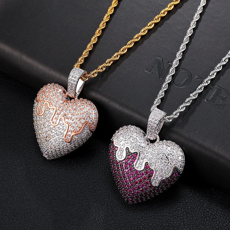 Flooded Ice Covered Heart Solid Back Hip Hop Pendant Chain Necklace