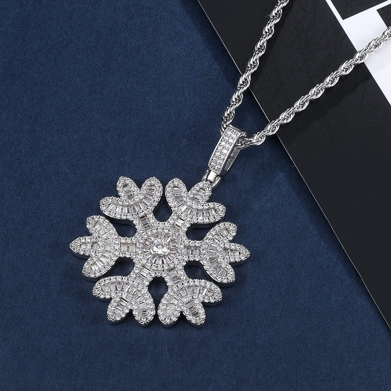 Snowfall Flooded Ice Princess Cut AAA Micro Pave Snowflake Hip Hop Pendant Chain Necklace