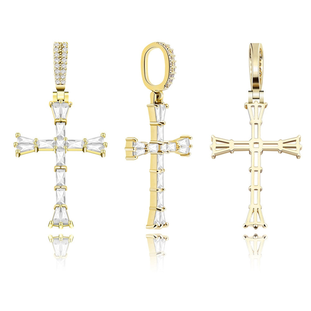 14k Silver Rose Gold All Ice Baguette Center Stone Hip Hop Cross Pendant Chain Necklace