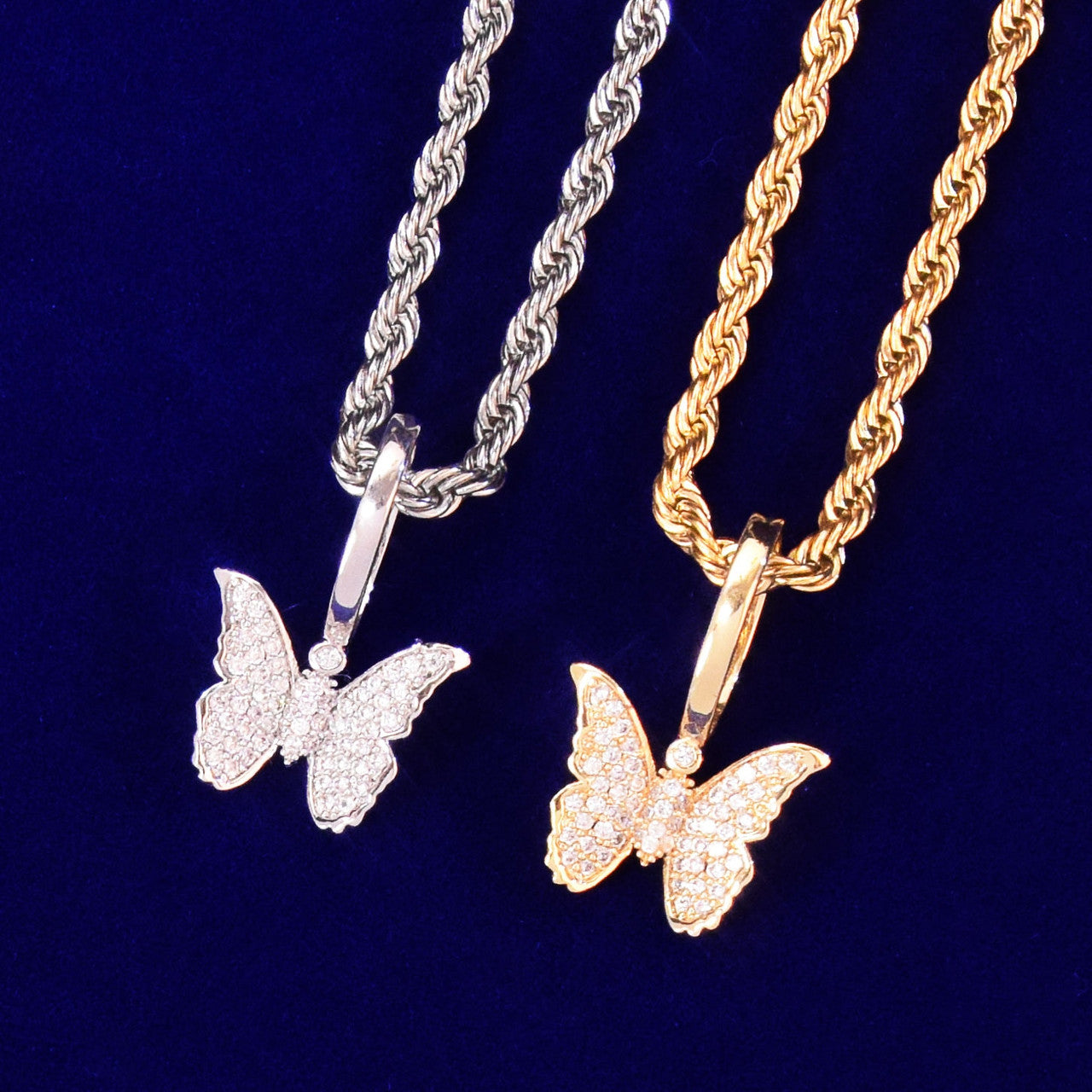 18k Gold Rose Gold .925 Silver Small Butterfly Bling Bling Pendant Chain Necklace