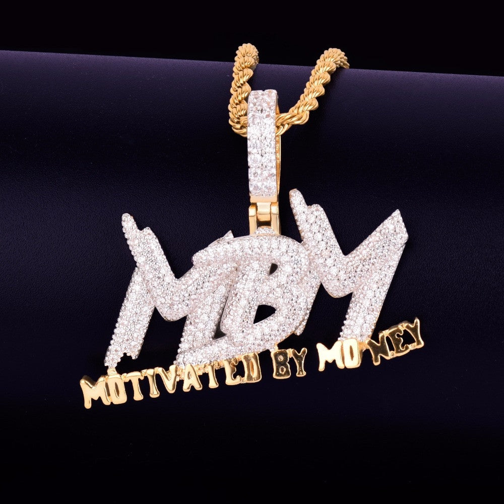 AAA True Micro Pave Motivated By Money Flooded Ice MBM 14k Gold Pendant Chain
