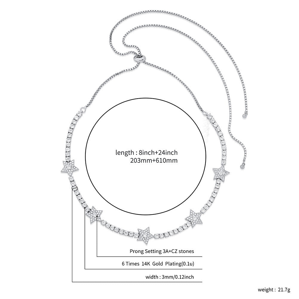 Ladies 14k Gold .925 Silver 5 Pointed Super Star Simulate Diamond Choker Chain Necklace