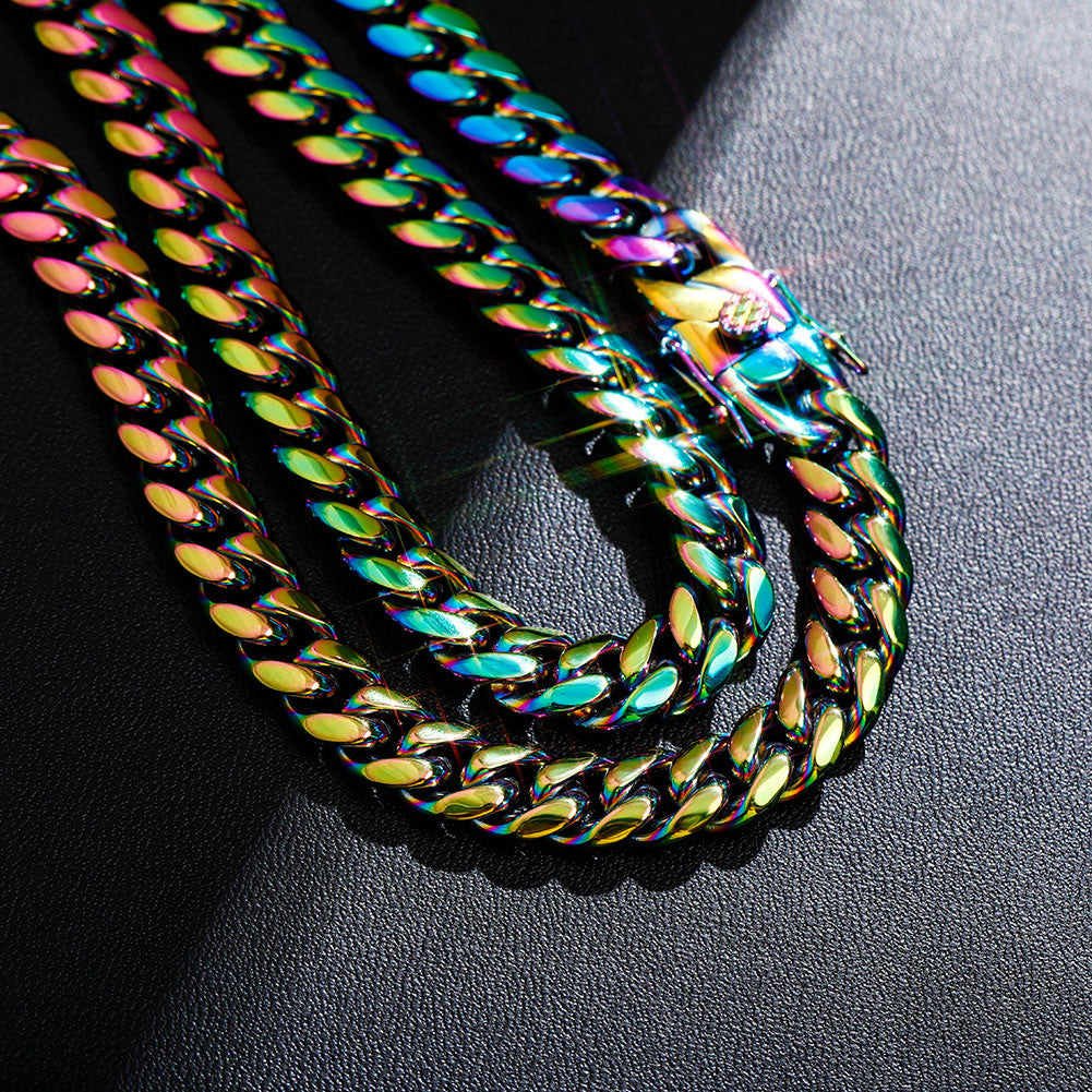 10mm Stainless Steel Fashion Rainbow Color Cuban Link Hip Hop Chain Necklace