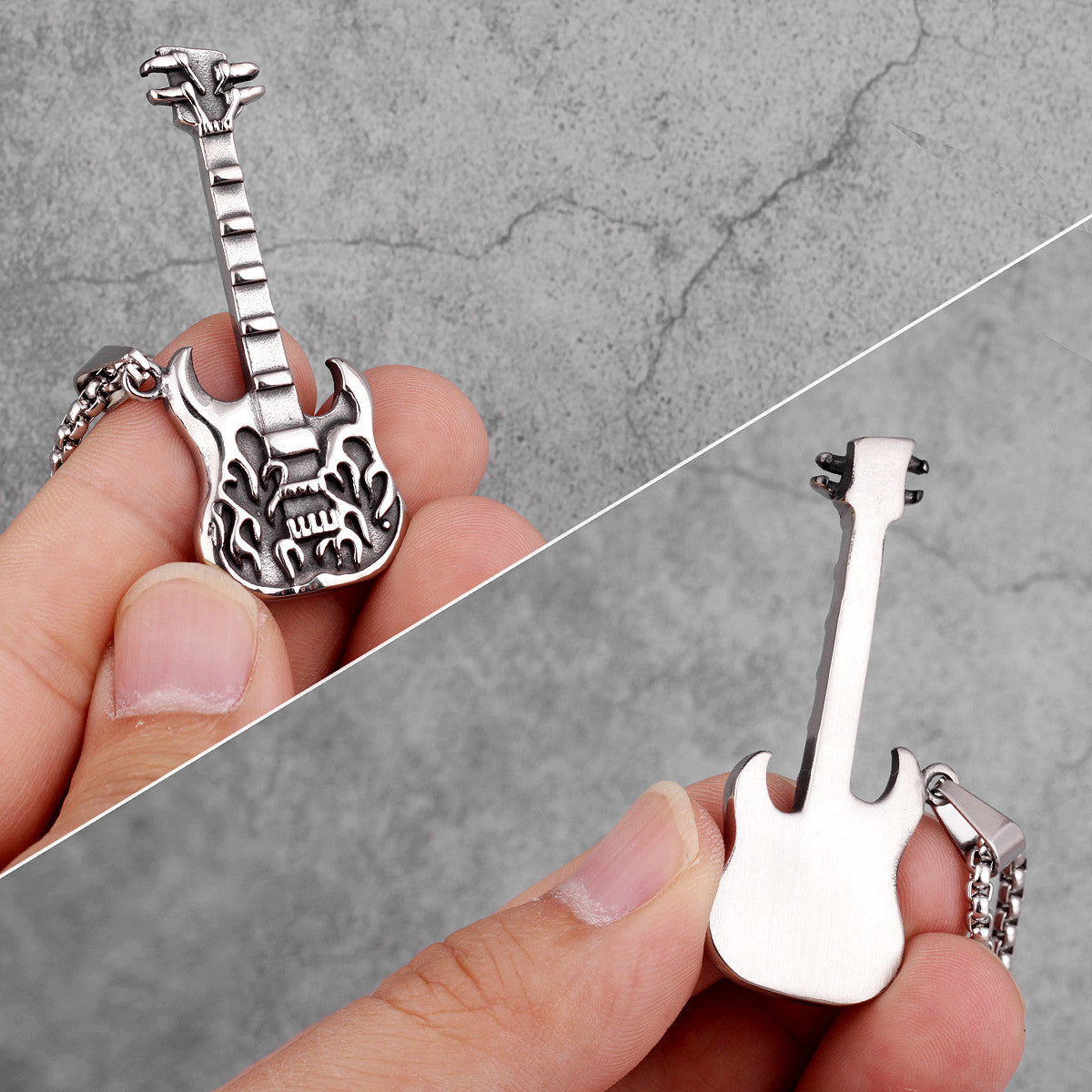 Mens 316L Stainless Steel Street Rock Hip Hop Hell Guitar Pendant Chain Necklace