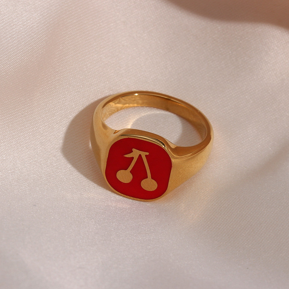 Ladies 18k Gold Solid Stainless Steel Black Red Blue Enamel Stone Cherry Ring