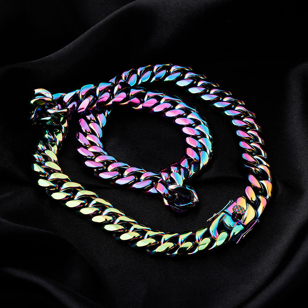 14mm Stainless Steel Fashion Rainbow Color Cuban Link Hip Hop Chain Necklace