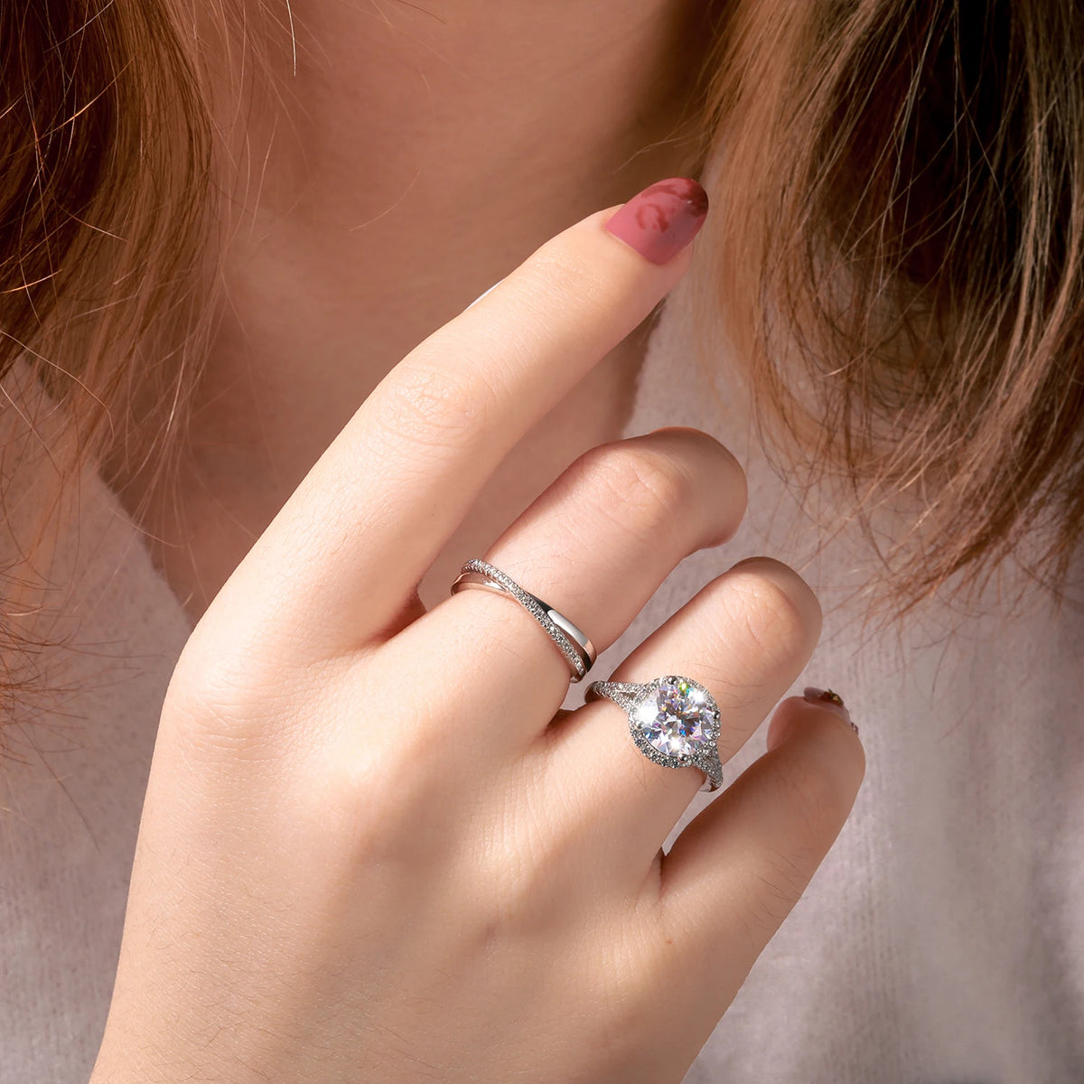 Ladies 3CT Genuine VVS Lab Diamond 9mm Round Cut Double Halo 925 Sterling Silver Rings