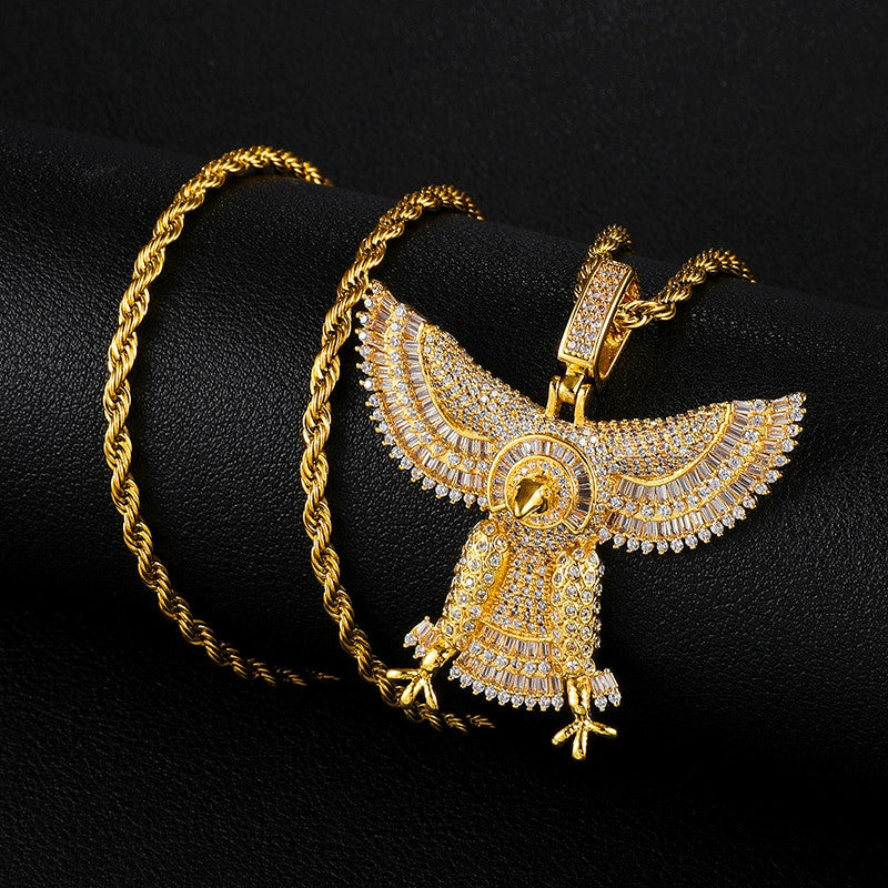 18k Gold .925 Silver Soaring Hunting Spread Wings Eagle Bling Pendant Chain Necklace