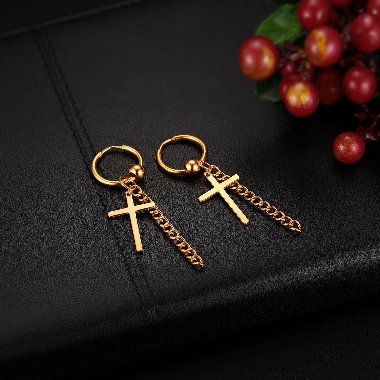 14k Gold Silver Black Stainless Steel Hoop Cross Earrings