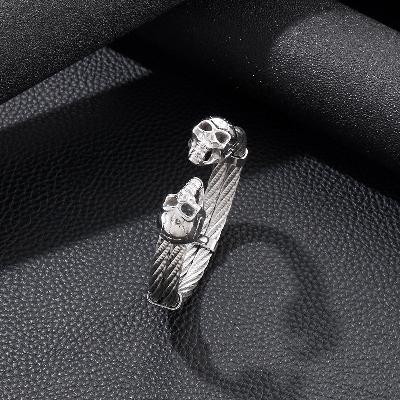 SkullFlex | Mens Double Layer Skull Cable Bangle Stainless Steel Bracelet
