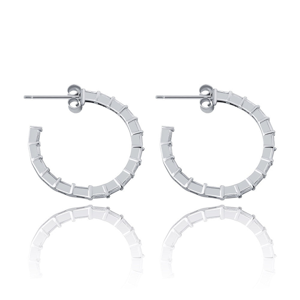 Flooded Ice All Baguette 925 Sterling Silver 24mm Round Circle Hoop Earrings