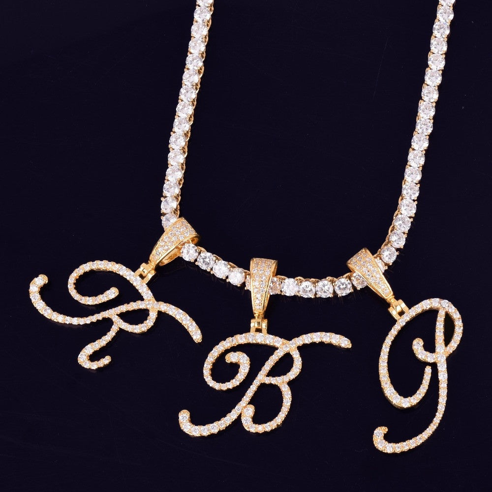 Cursive Letters Flooded Ice True Micro Pave Hip Hop Custom Letter Pendant Chain Necklace