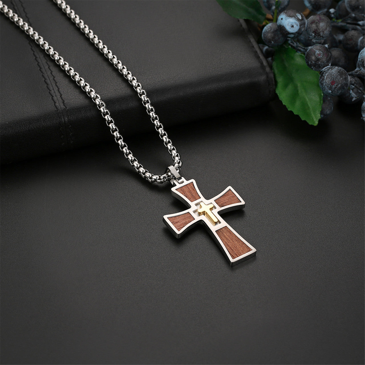 Mens Wooden Stainless Steel Double Cross Crucifix Black silver Gold Pendant Chain Necklace