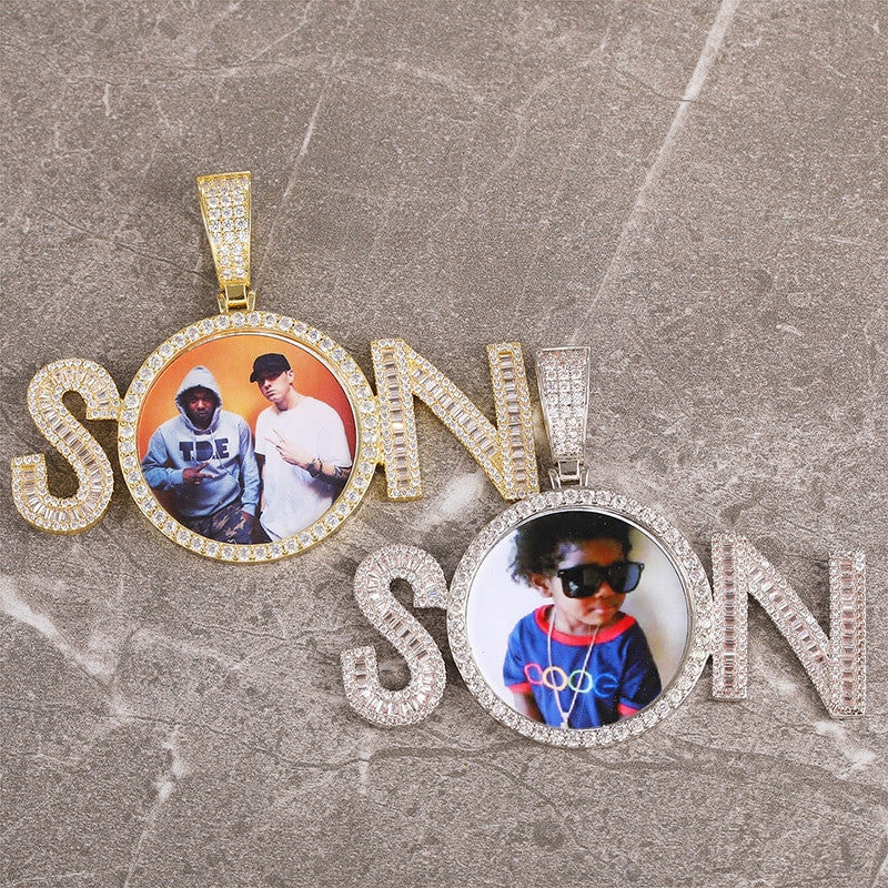 Custom Flooded Ice Baguette 2 Letters Son Hip Hop Picture Photo Pendant Chain Necklace