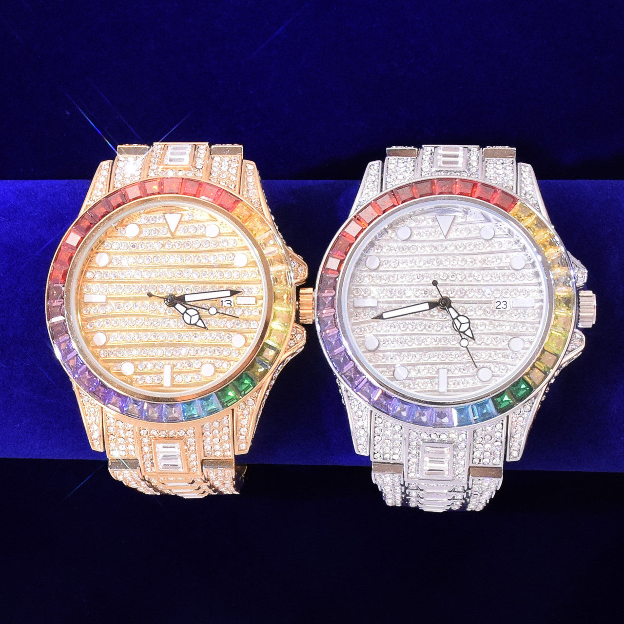 18k 925 Mens Big Boy Colorful Flooded Ice Stone Rainbow Bezel Wrist Watch