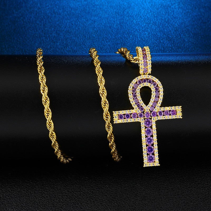 18k Rose Gold .925 Silver Key Of Life Ancient African Egyptian AAA Micro Pave Ankh Cross Pendant