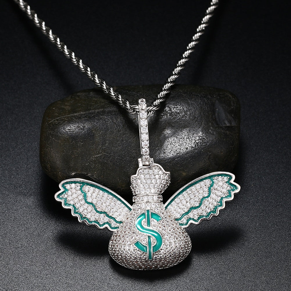 Mens Flooded Ice Money Bags Flying To Me 18k Gold 925 Silver Hip Hop Pendant