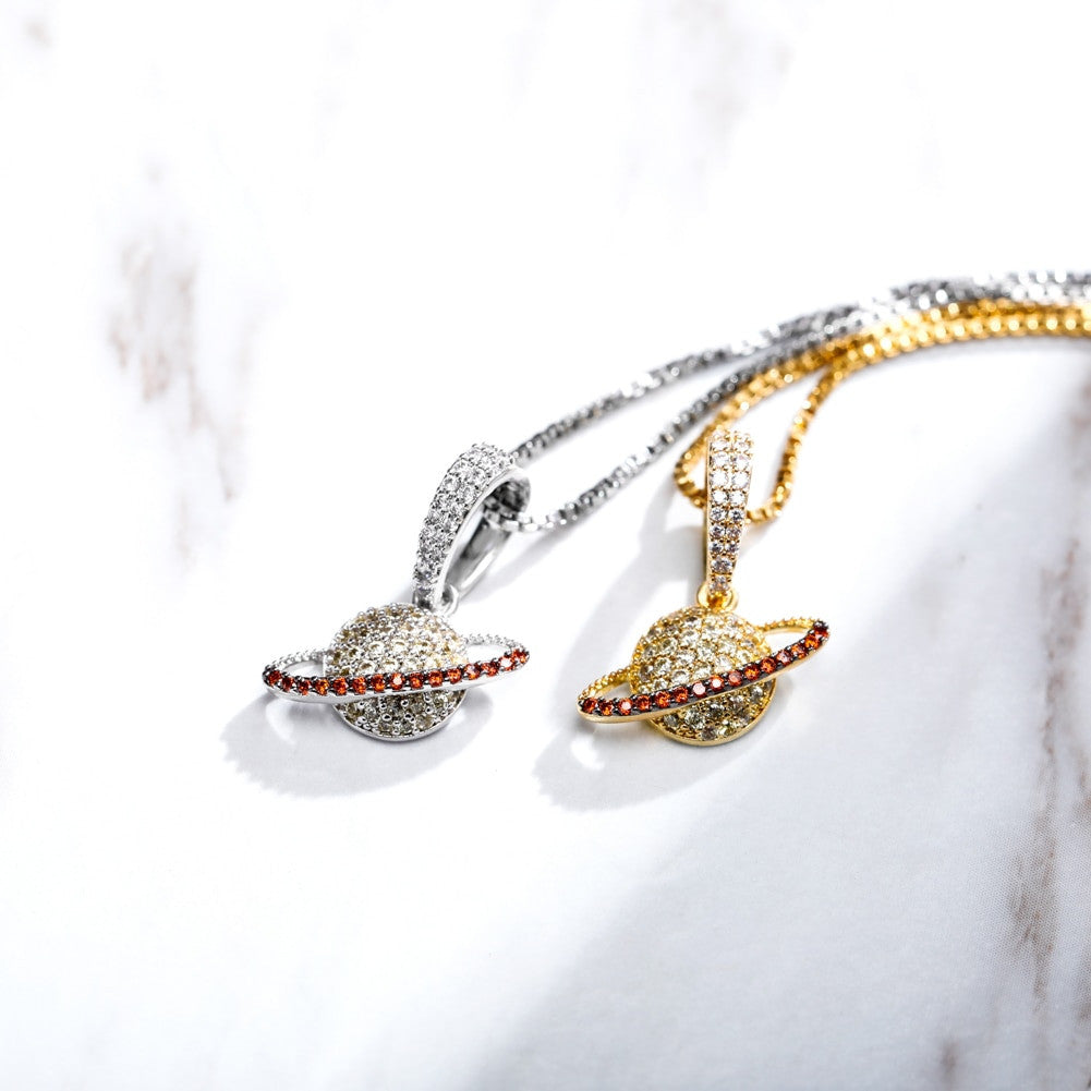 Ladies Love Orbit Solid 925 Sterling Silver Planet AAA Micro Pave Pendant Necklace