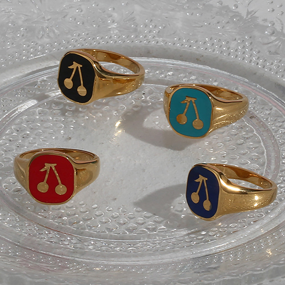 Ladies 18k Gold Solid Stainless Steel Black Red Blue Enamel Stone Cherry Ring
