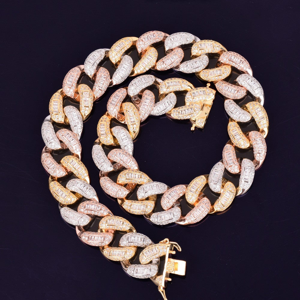 Mens Baguette Miami Cuban Link 22mm Rose Gold 24k Gold Hip Hop Chain