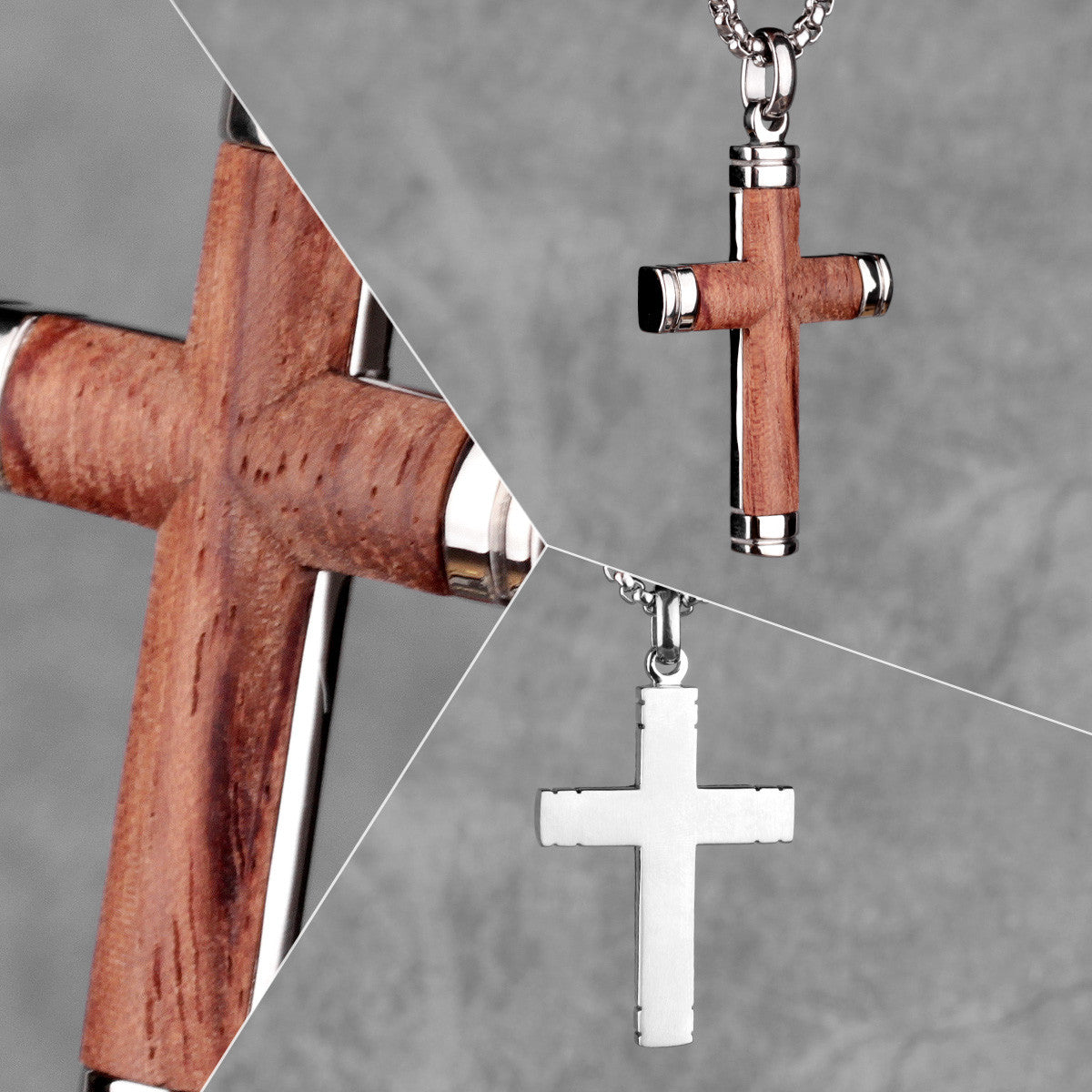 No Fade Stainless Steel Real Rosewood Cross Pendant Chain Necklace