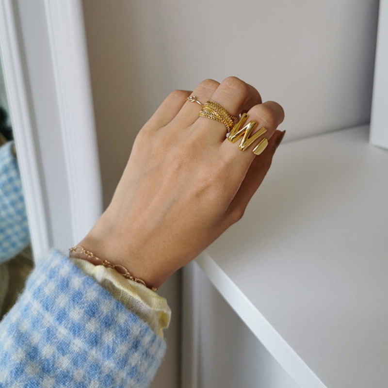 Ladies 18k Gold Initial Letter Adjustable Open Size personality Rings