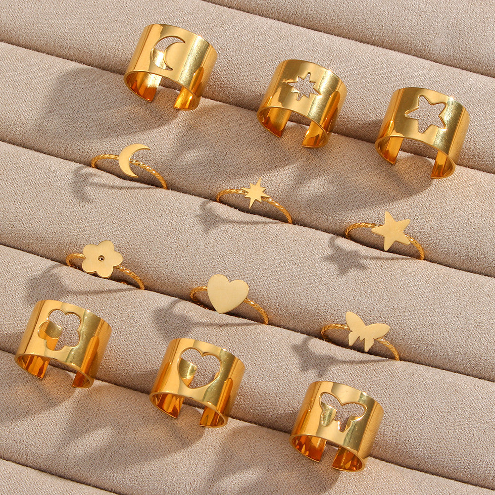 18k Gold Waterproof Stainless Steel Fine Polished Moon Star Heart Flower Adjustable Rings