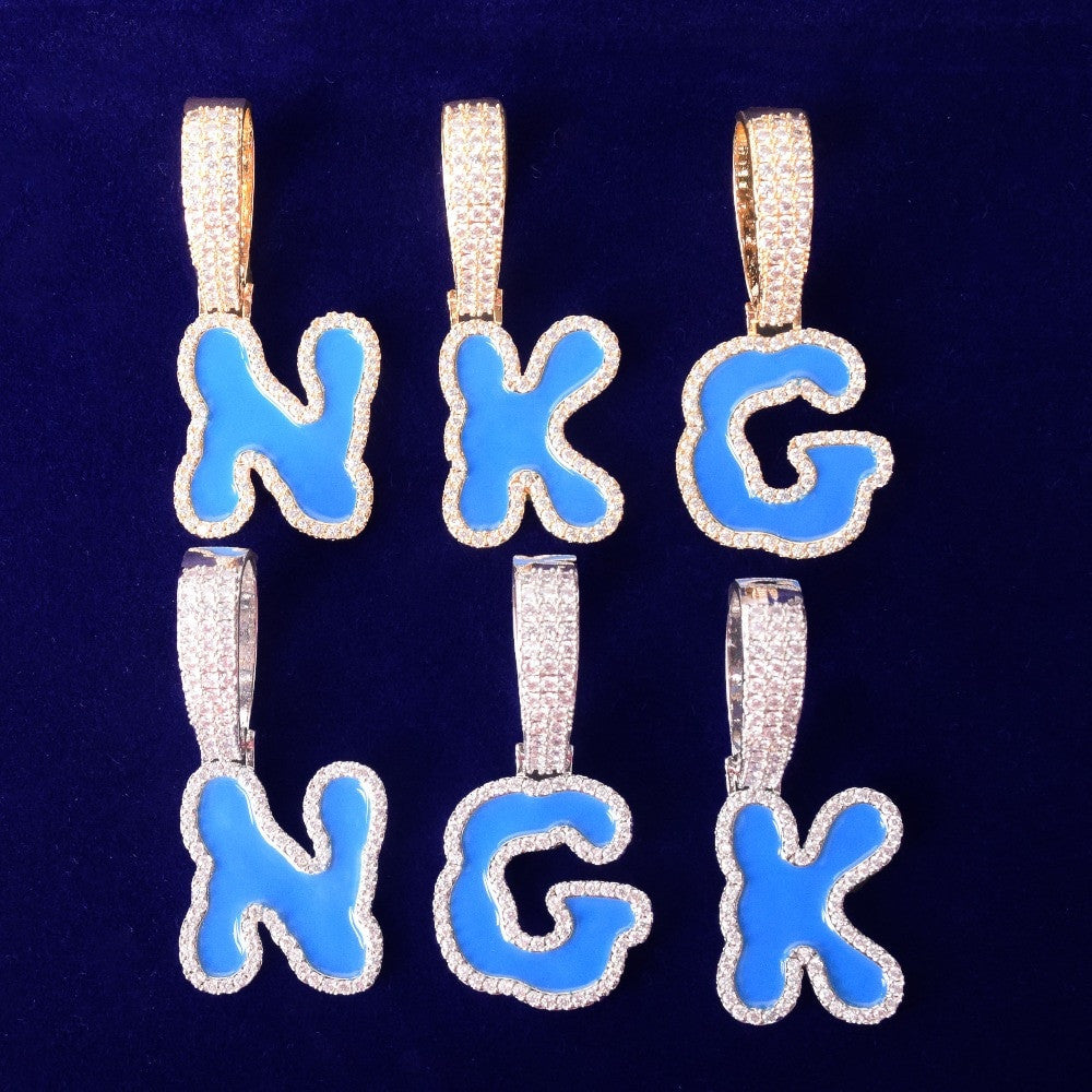 Carolina Blue | Micro Pave 18k Gold .925 Silver Oil Letters Custom Nameplate Pendant