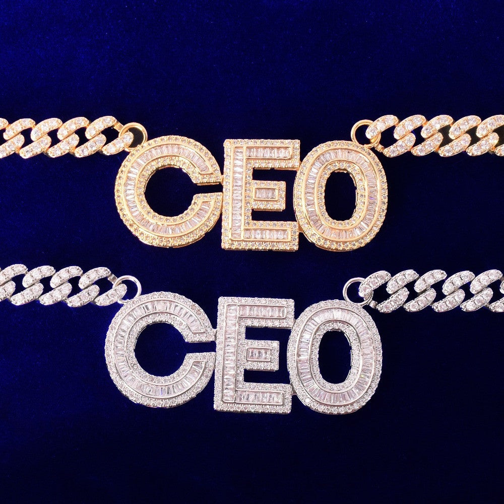 24k Gold Custom Name Baguette Flooded Ice Hip Hop Pendant Chain Necklace